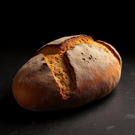 A rustic, perfectly scored sourdough bread loaf on a dark background.