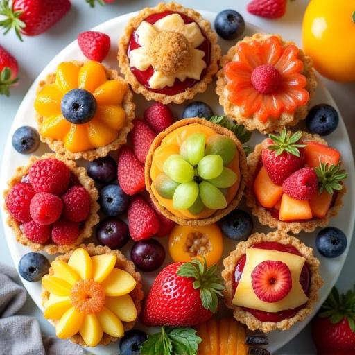 An assortment of colorful fruit tarts and flaky pastries on a serving tray.